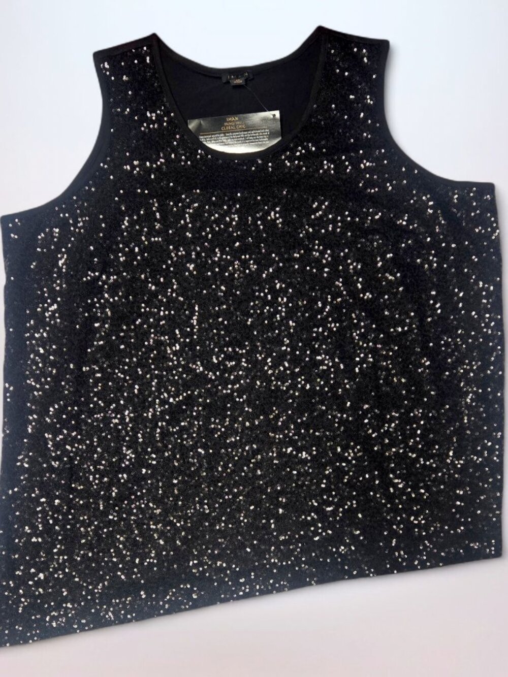 IMAN Global Chic Sparkle Black Sequin Tanktop (3X)